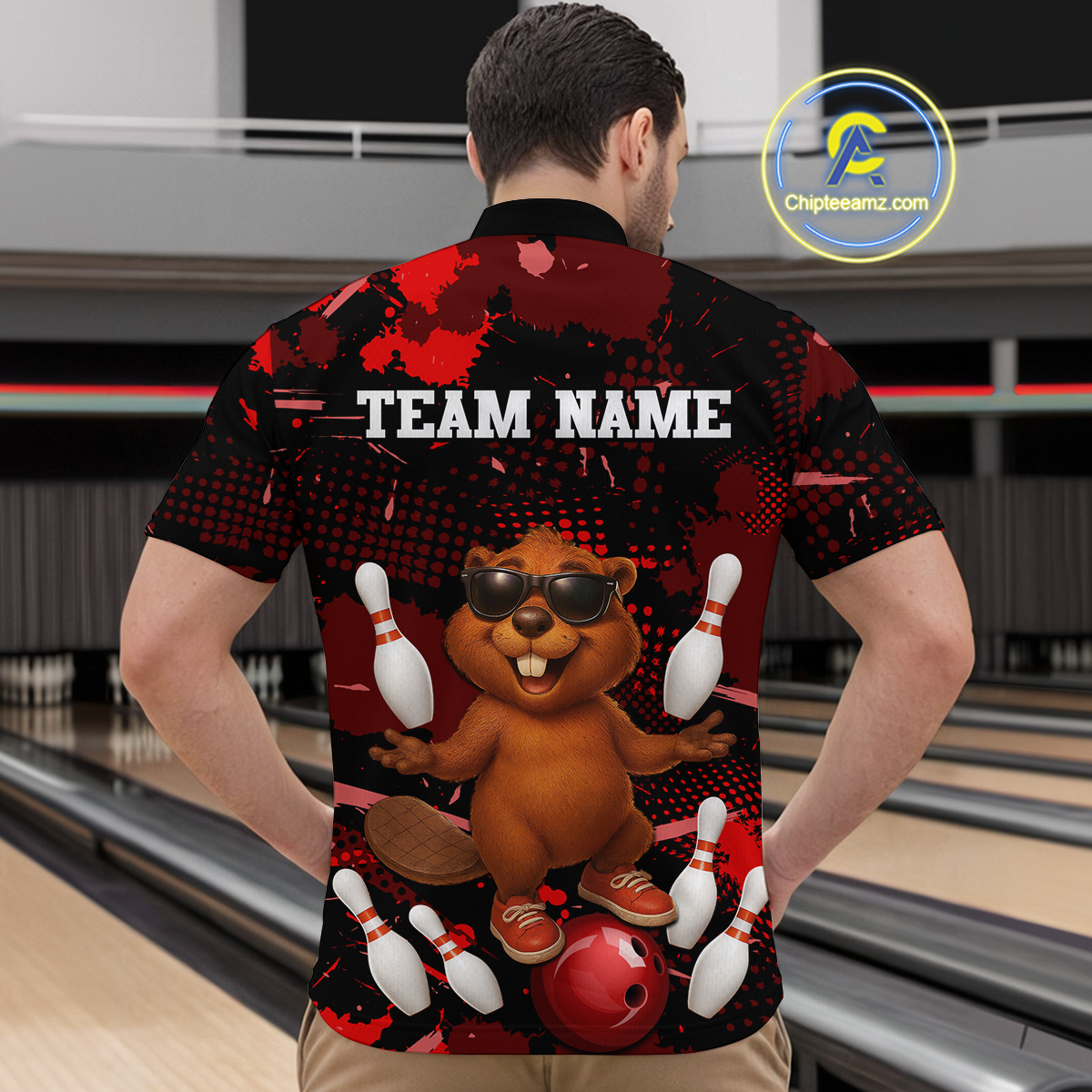 Custom Red Funny Beaver Bowling Team Shirt Men Bowling League Jersey Polo Bowling Outfit QZT764
