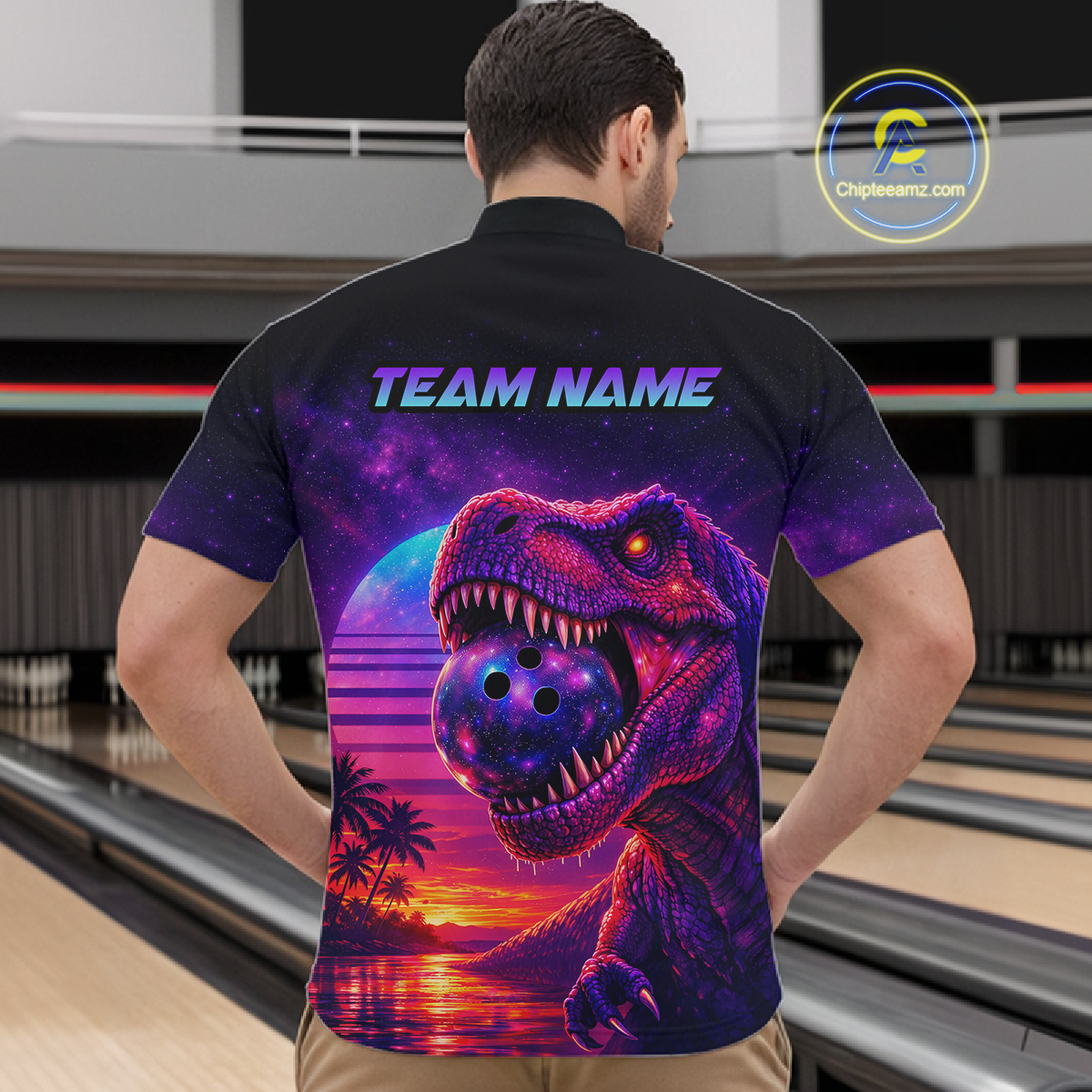 Custom Retro Galaxy Dinosaur Bowling Jersey for Men Bowling Shirts for Team Polo & 1/4 Zip HNT245