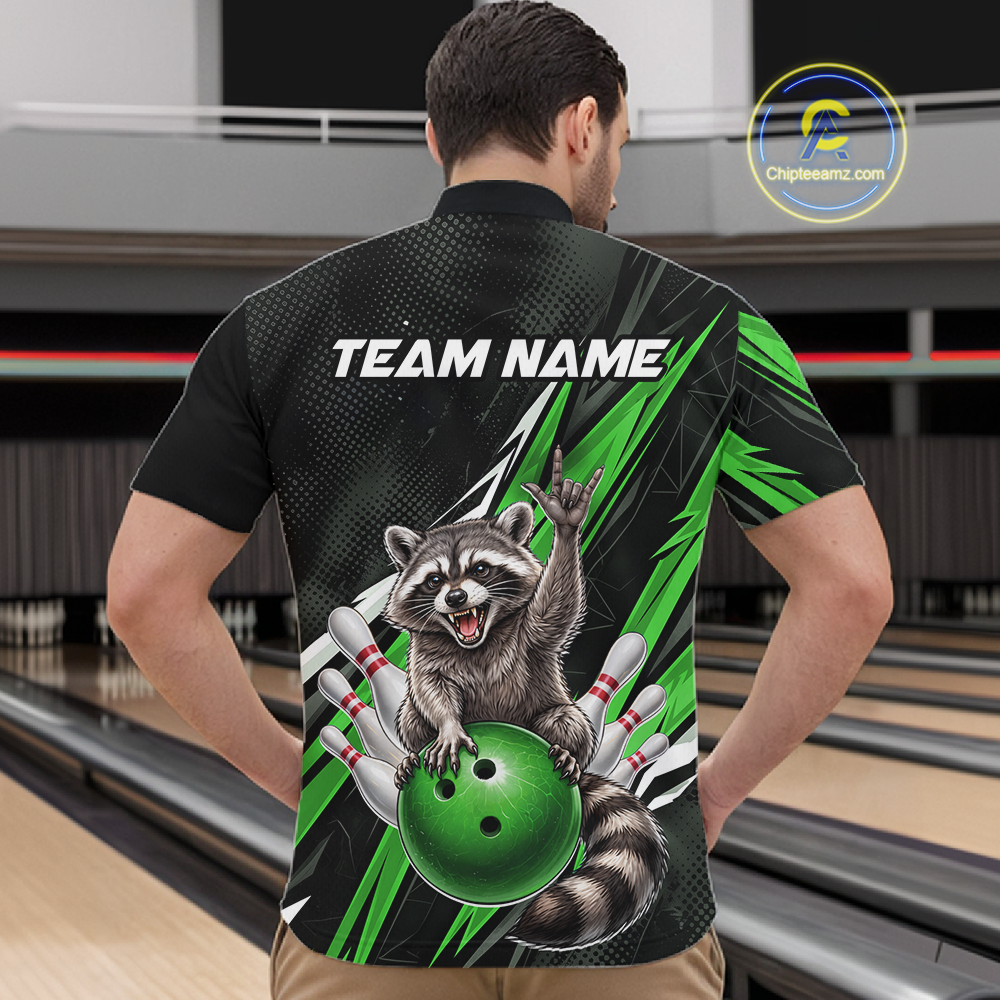 Custom Green Raccoon Bowling Jersey for Men Bowling Team Shirts Bowling Polo & 1/4 Zip HNT254