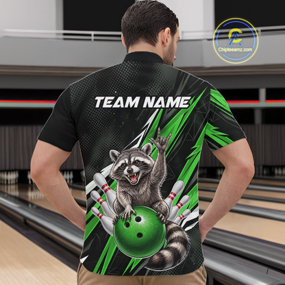Custom Green Raccoon Bowling Jersey for Men Bowling Team Shirts Bowling Polo & 1/4 Zip HNT254