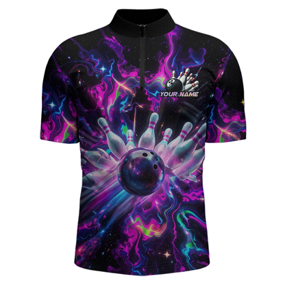 Custom Watercolor Pink Purple Bowling Jersey for Men Bowling Team Shirts Polo & 1/4 Zip HNT268