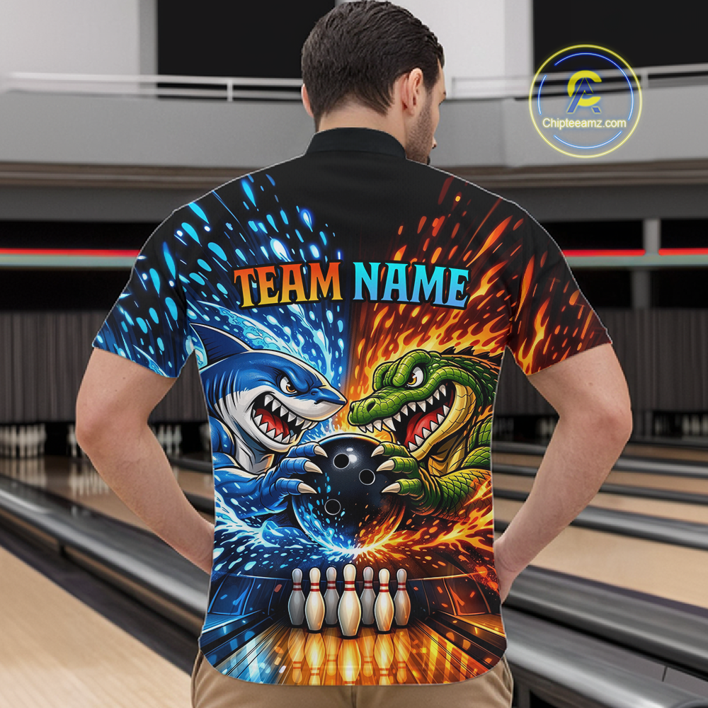Custom Flame Shark and Alligator Bowling Jersey for Men Bowling Uniform Bowling Team Shirts HNT248