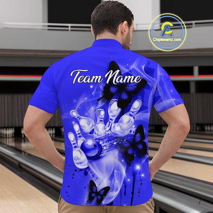 Custom Navy Blue Butterflies Bowling Shirts for Men Women Team MBL120