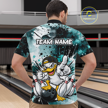 Custom Teal Funny Duck Bowling Jersey for Men Bowling Uniform Polo & 1/4 Zip Bowling Team Shirts HNT237