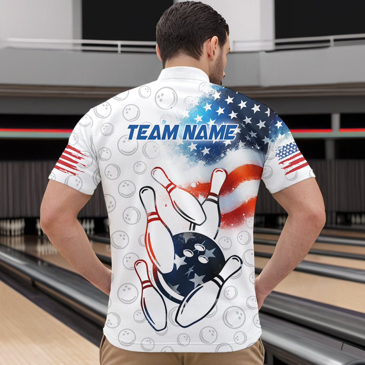 American Bowling Shirt Patriotic Bowling Shirts for Men Women Bowling Polo 1/4 Zip Shirt MBL26