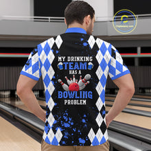 Load image into Gallery viewer, Blue argyle pattern Retro Bowling Shirts For Men Custom My drinking team has a bowling problem NQS9824