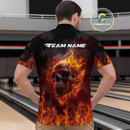 Custom Flame Skull Bowling Jersey for Men Bowling Uniform Polo & 1/4 Zip Bowling Team Shirts HNT112