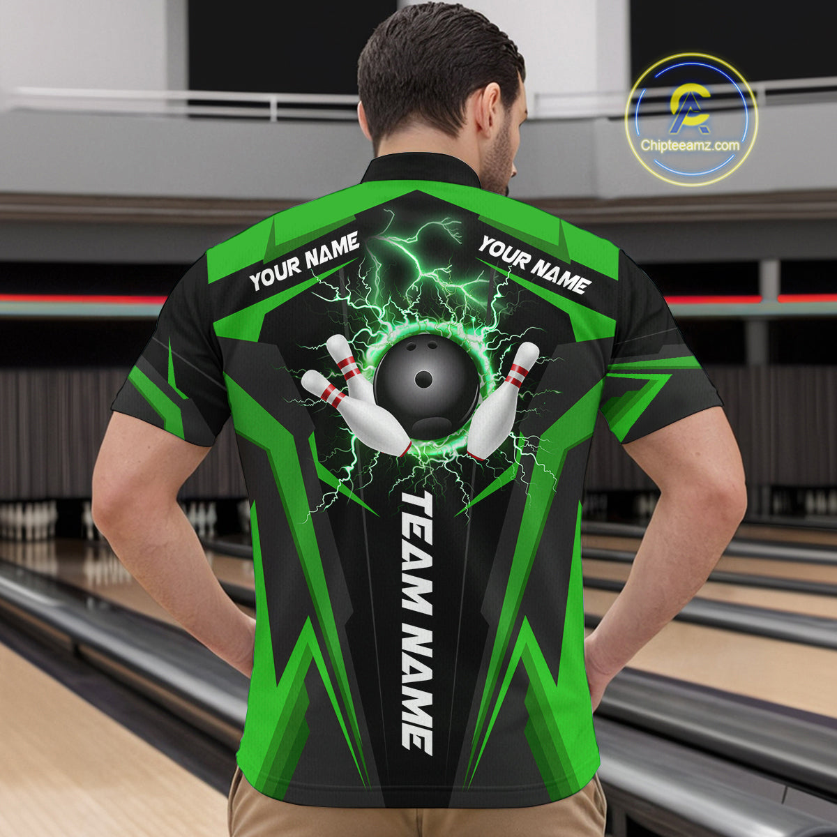Black Men bowling Polo, Quarter Zip shirt Custom lightning thunder team league bowling jersey | Green NQS10374