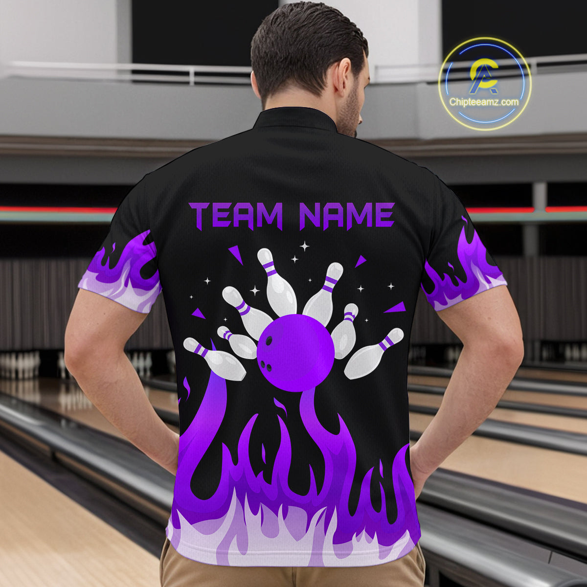 Custom Purple Flame Bowling Shirts for Men Polo & Quarter-Zip Bowling Team Jerseys HNT82