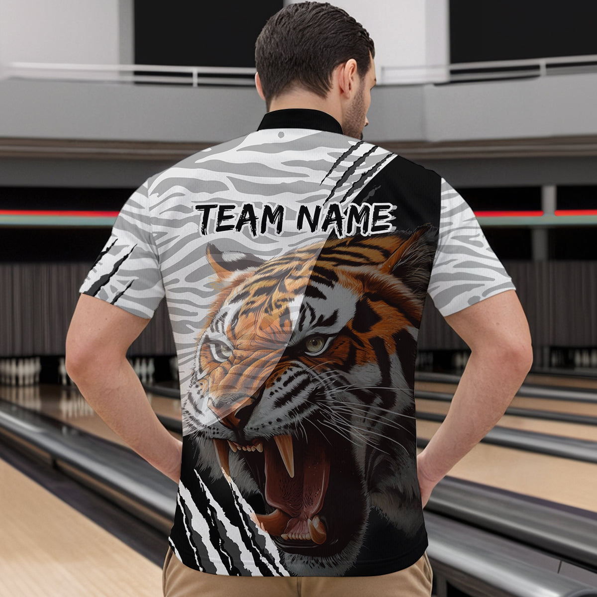 Black & White Bowling Shirt Tiger Bowling Team Jersey Quarter Zip Bowling for Men & Women QZT641