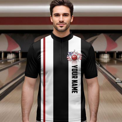 American Flag Bowling Shirt Patriotic Bowling Jersey for Men Women Bowling Polo&1/4 Zip MBL29