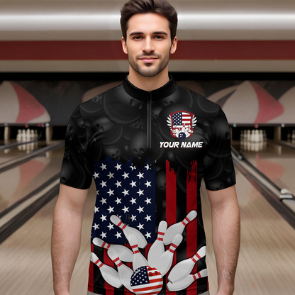 Custom American Flag Bowling Shirts for Men Women Patriotic Bowling Polo & 1/4 Zip MBL03