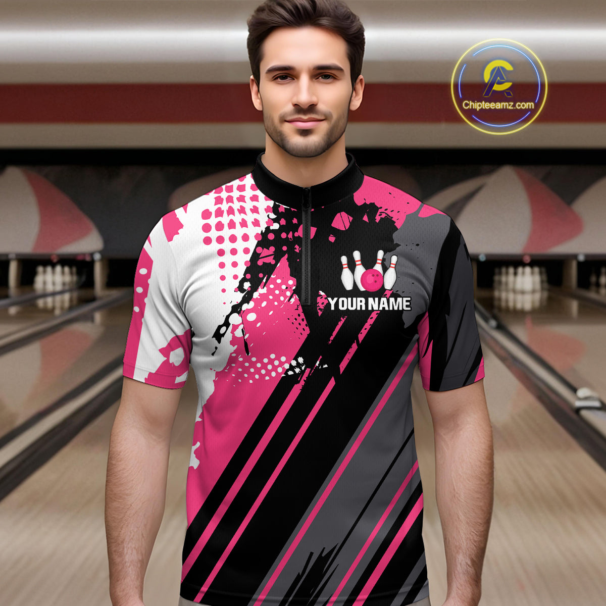 Custom Pink Bowling Shirts for Men Women Team Bowling Polo and Quarter Zip MBL104