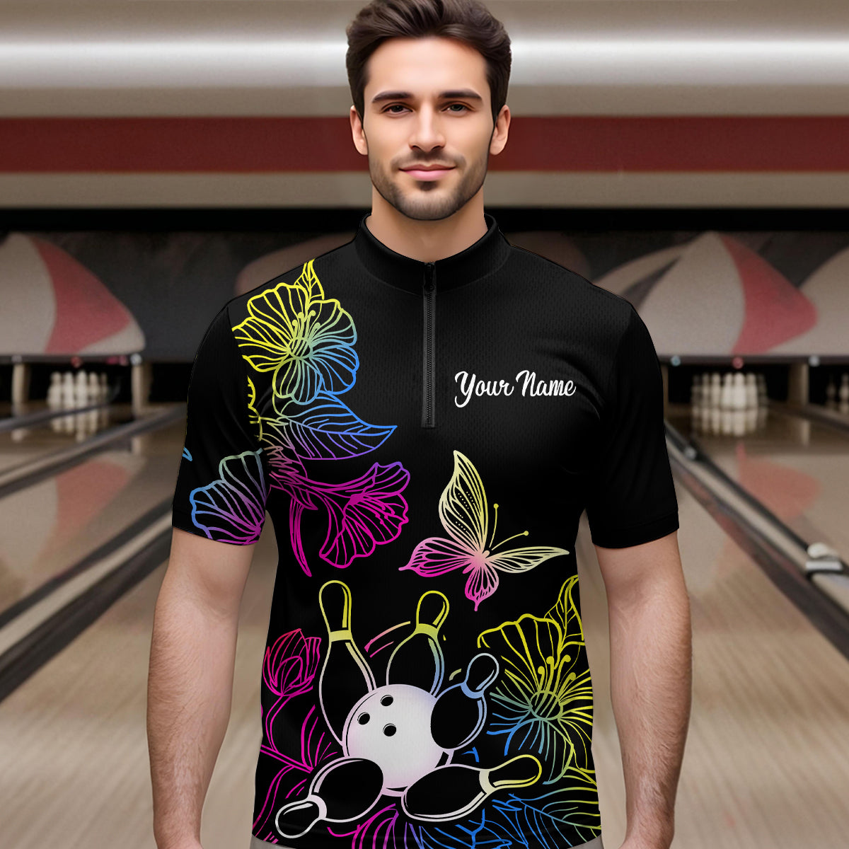 Colorful Butterflies Bowling Shirt for Men Bowling Team Jersey Shirts Polo & Quarter-Zip HNT27