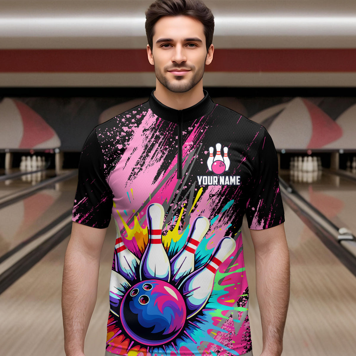 Custom Pink Bowling Shirt for Women Men Bowling Water Color Bowling Polo & 1/4 Zip Shirts MBL37