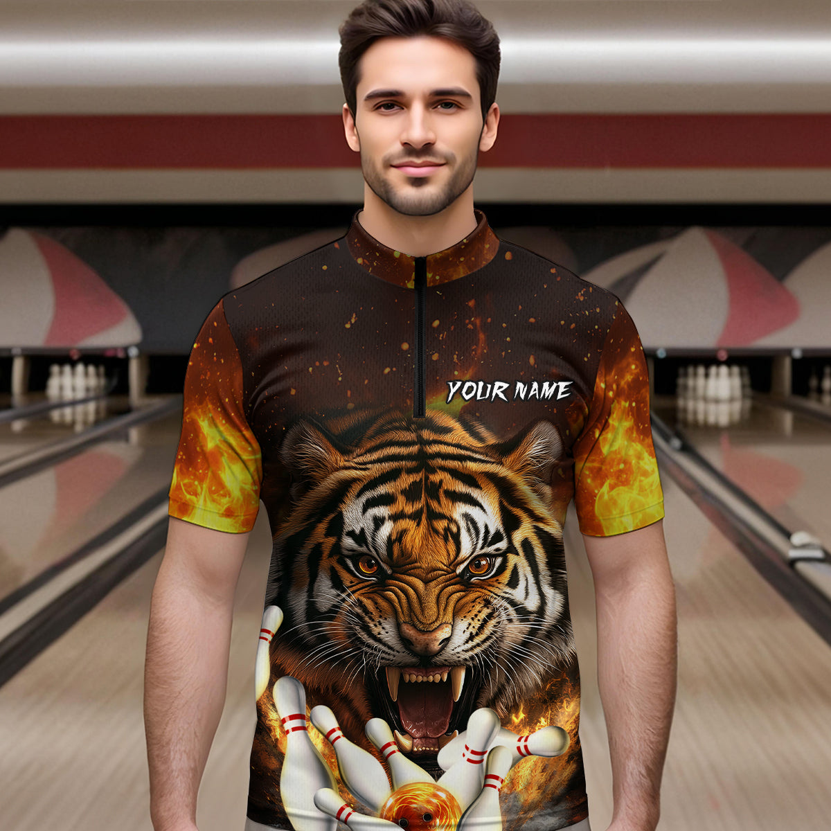 Flames Bowling Shirts Tiger Bowling Jersey Quarter-Zip Bowling Team League QZT634