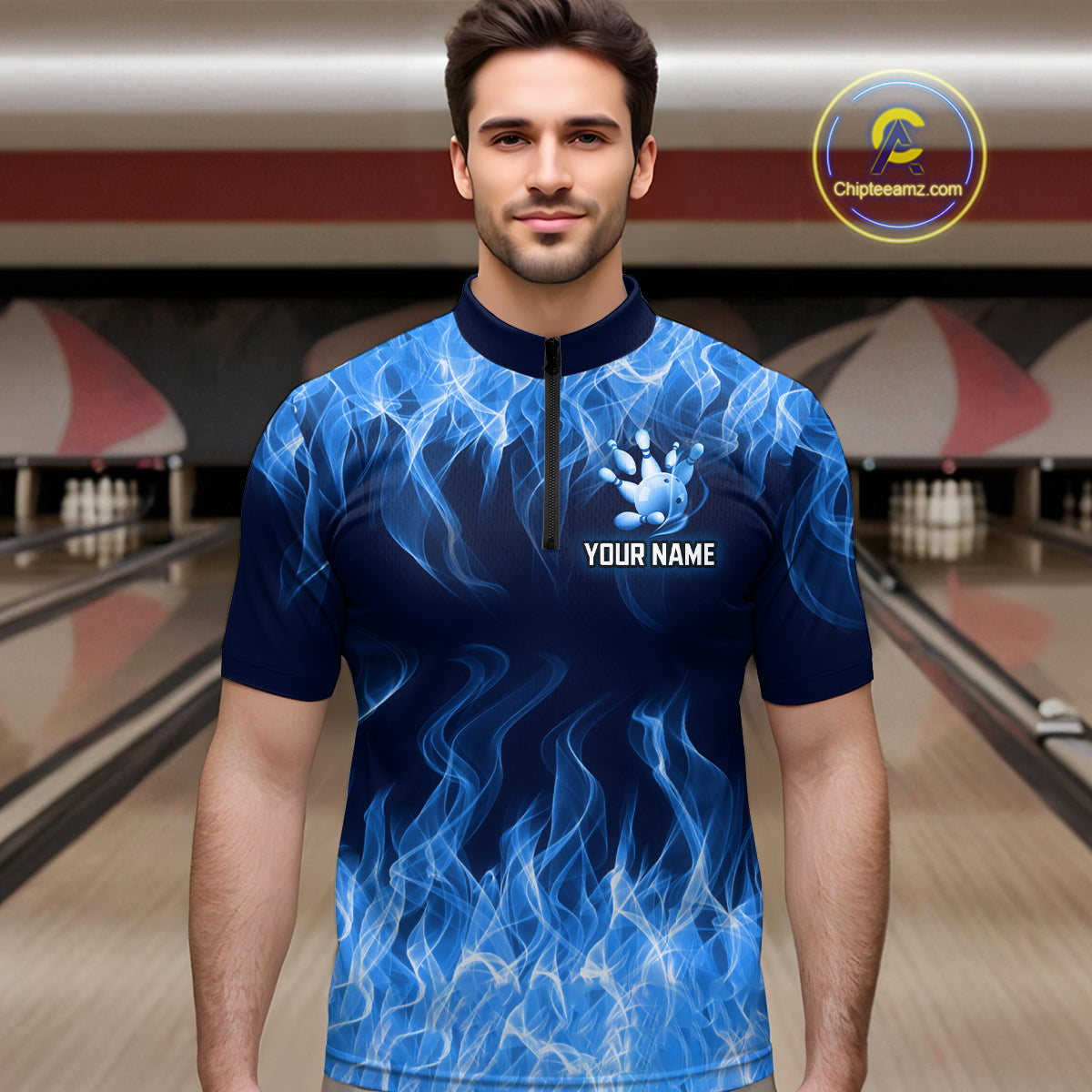 Custom Blue Flame Bowling Jersey for Men Polo & 1/4 Zip Bowling Team Shirts Bowling League HNT150