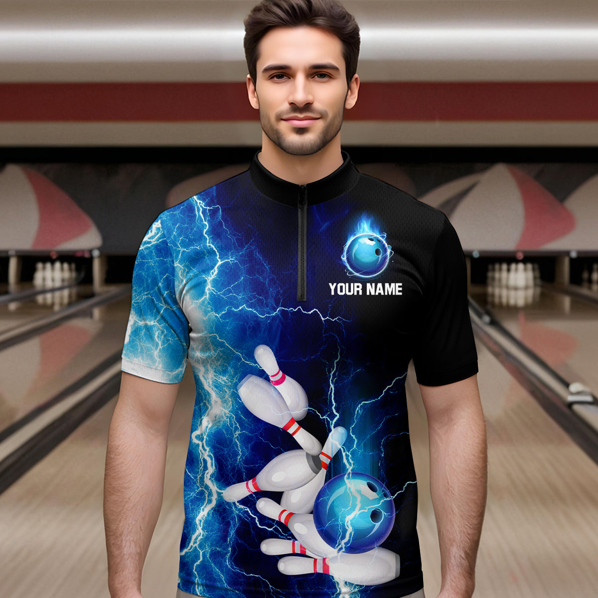 Blue Thunder Bowling Shirt for Men Custom Polo & Quarter-Zip Team Bowling Jersey Bowling Team Shirt HNT22