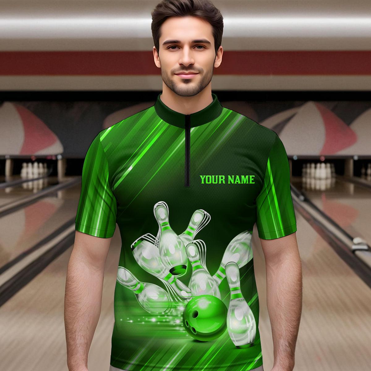 Custom Green Bowling Jersey for Men Bowling Team Shirts Bowling Uniform Polo & 1/4 Zip HNT162