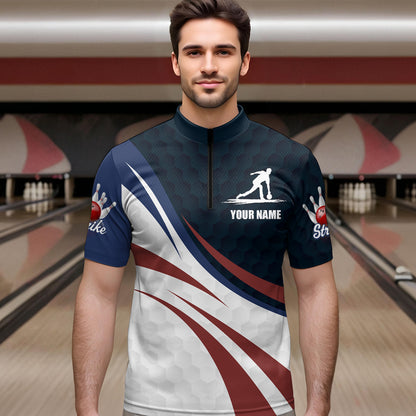 Personalized Red Blue & White Bowling Shirt Patriotic 1/4-Zip Bowling Jersey for Men & Women QZT677