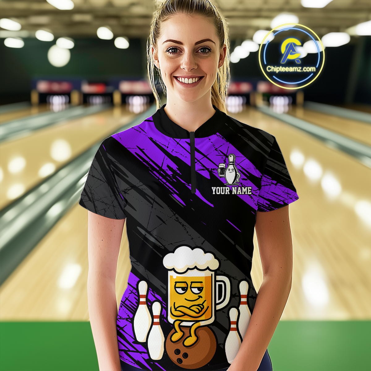 Custom Purple Funny Beer Bowling Jersey for Women Bowling Uniform Polo & 1/4 Zip Bowling Team Shirts HNT107