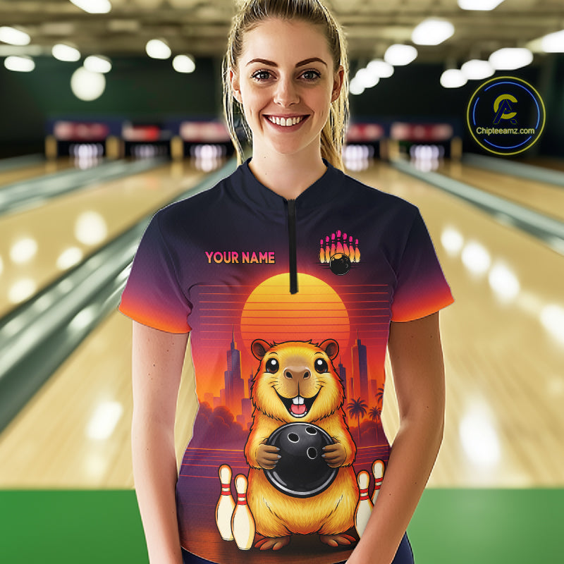 Custom Retro Capybara Bowling Jersey for Women Bowling Team Shirts Bowling Polo & 1/4 Zip HNT260