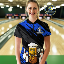 Load image into Gallery viewer, Custom Blue Funny Beer Bowling Jersey for Women Bowling Uniform Polo &amp; 1/4 Zip Bowling Team Shirts HNT107