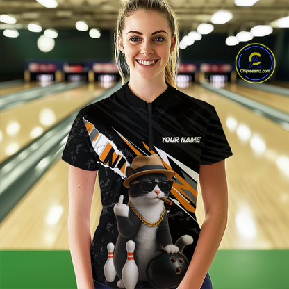 Custom Orange Funny Cat Bowling Jersey for Women Bowling Shirt Polo & 1/4 Zip Bowling Team Shirts HNT136