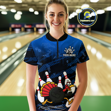 Load image into Gallery viewer, Custom Blue Funny Turkey Bowling Jersey for Women Thanksgiving Bowling Team Shirts Polo &amp; 1/4 Zip HNT125