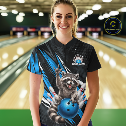 Custom Turquoise Raccoon Bowling Jersey for Women Bowling Team Shirts Bowling Polo & 1/4 Zip HNT254