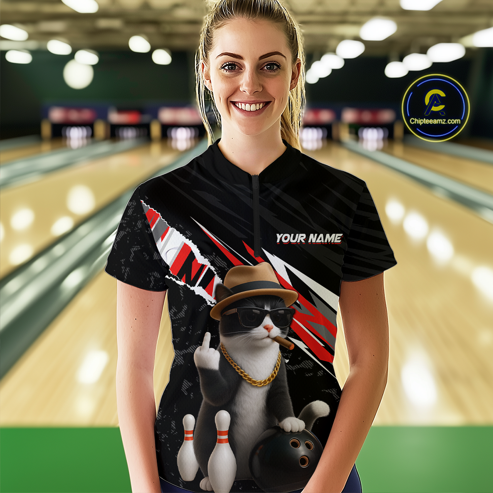Custom Red Funny Cat Bowling Jersey for Women Bowling Shirt Polo & 1/4 Zip Bowling Team Shirts HNT136