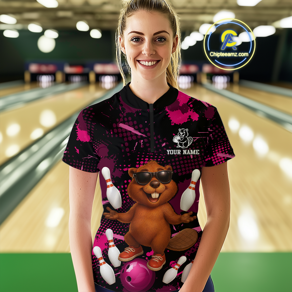 Custom Pink Funny Beaver Bowling Team Shirt Women Bowling League Jersey Polo Bowling Outfit QZT764