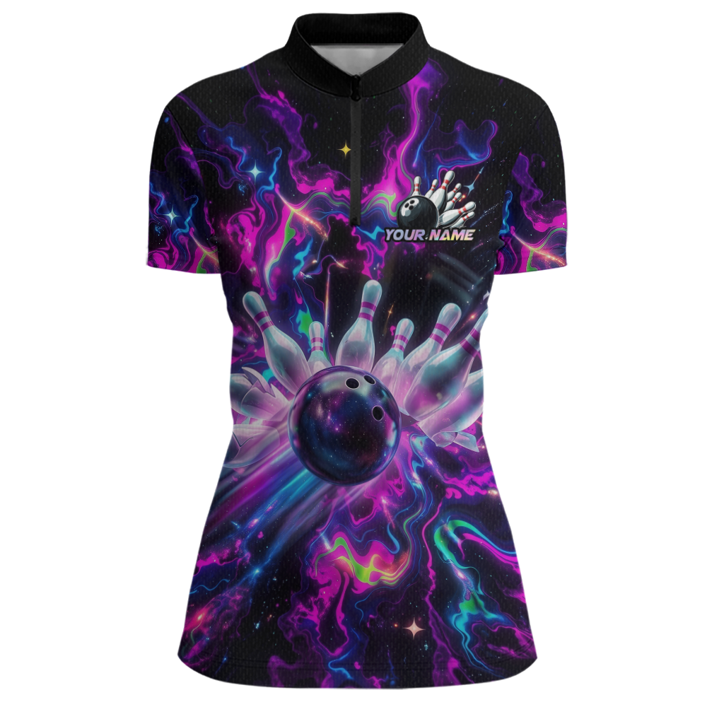 Custom Watercolor Pink Purple Bowling Jersey for Women Bowling Team Shirts Polo & 1/4 Zip HNT268
