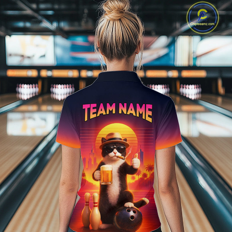 Custom Beer Cat Retro Bowling Shirt for Women Cat Funny Beer Bowling Team Jersey Polo &1/4 Zip HNT275