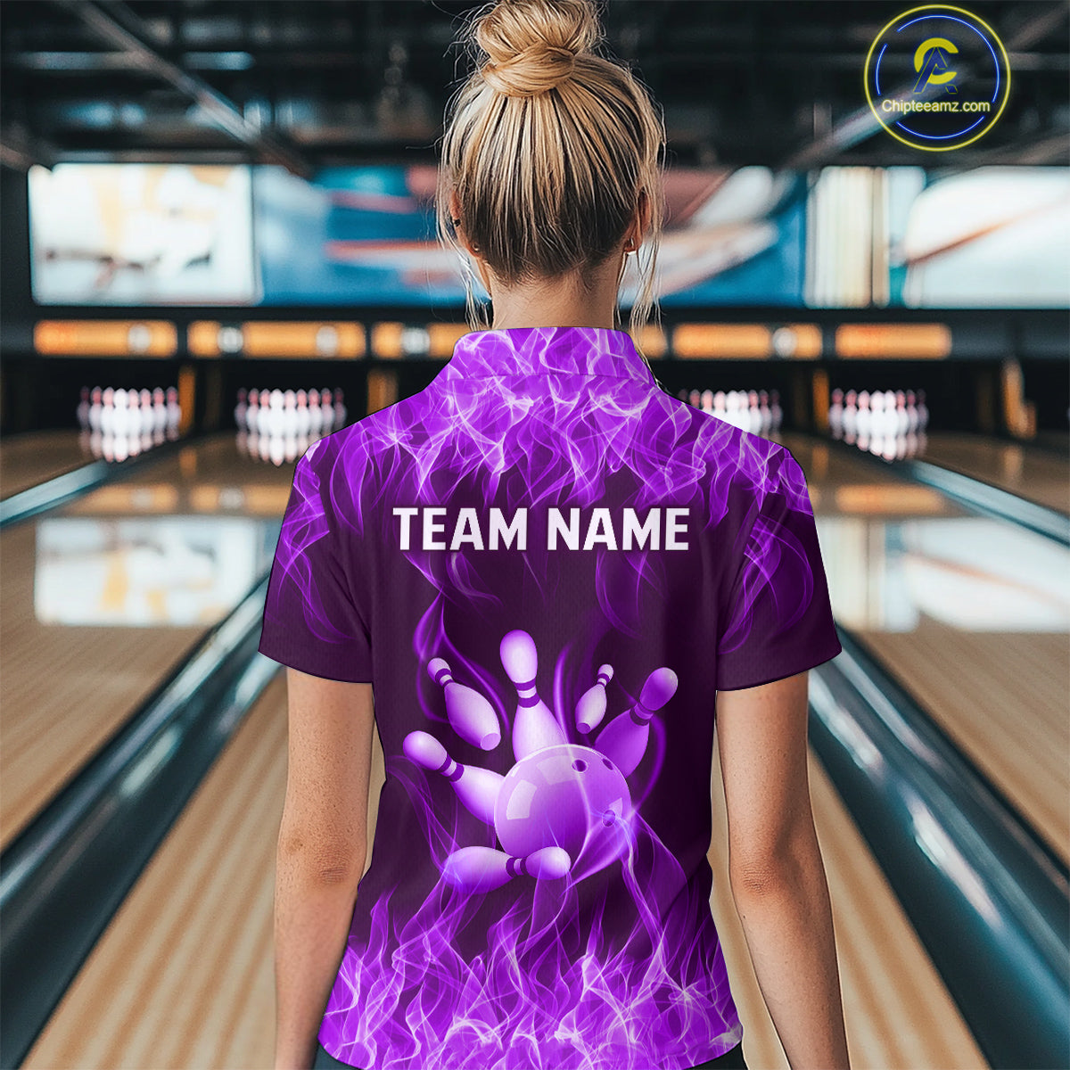 Custom Purple Flame Bowling Jersey for Women Bowling Uniform Polo & 1/4 Zip Bowling Team Shirts HNT106