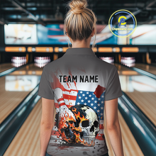 Load image into Gallery viewer, Custom American Flag Skull Flame Bowling Women Polo &amp; 1/4 Zip Shirts Bowling Team Jerseys HNT91