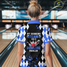 Load image into Gallery viewer, Blue argyle pattern Retro Bowling Shirts For Women Custom My drinking team has a bowling problem NQS9824