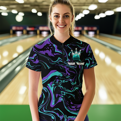 Purple Bowling Custom Women Bowling Shirt Polo & Quarter-Zip Bowling Team Jerseys HNT48