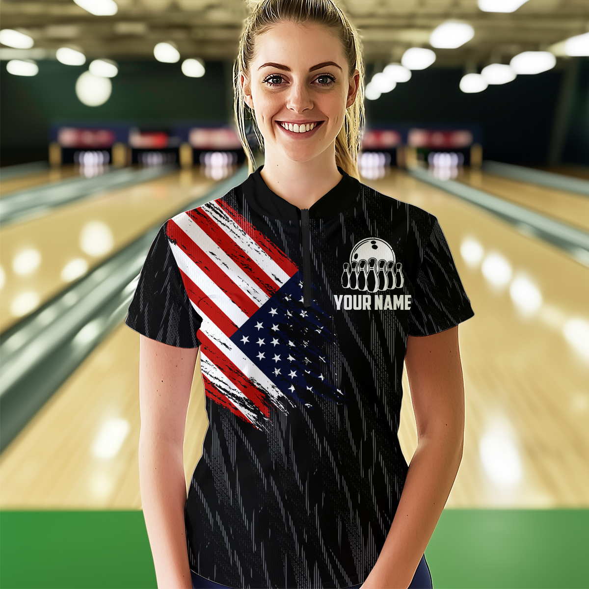 US Flag Personalized Bowling Team Shirts For Women Bowling League Polo & 1/4 Zip Shirt HNT11