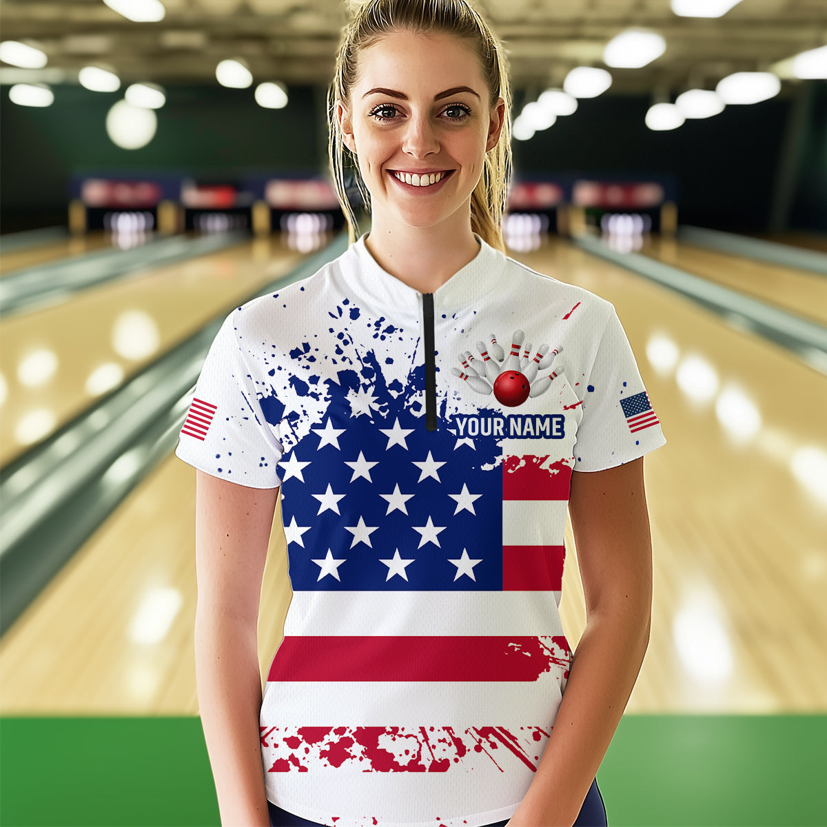 Patriotic Bowling Shirt Custom American Flag Bowling Shirts for Women Men Polo&1/4 Zip MBL07