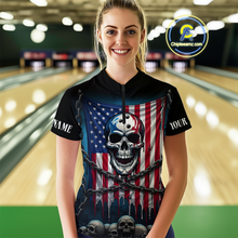 Load image into Gallery viewer, US Flag Skull Bowling Custom Women Bowling Shirt Polo &amp; Quarter-Zip Bowling Team Shirts HNT74