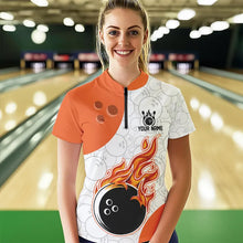 Load image into Gallery viewer, Person wearing a custom bowling shirt with a flame design in a bowling alley.