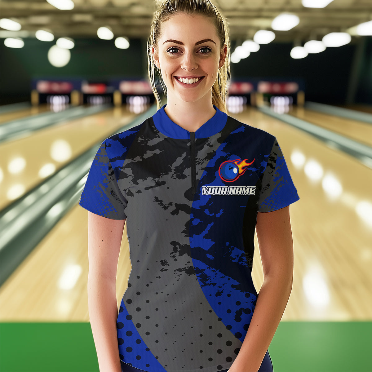 Fire Bowling Shirt Custom Blue Bowling Jersey for Men Women with Team Name MBL63