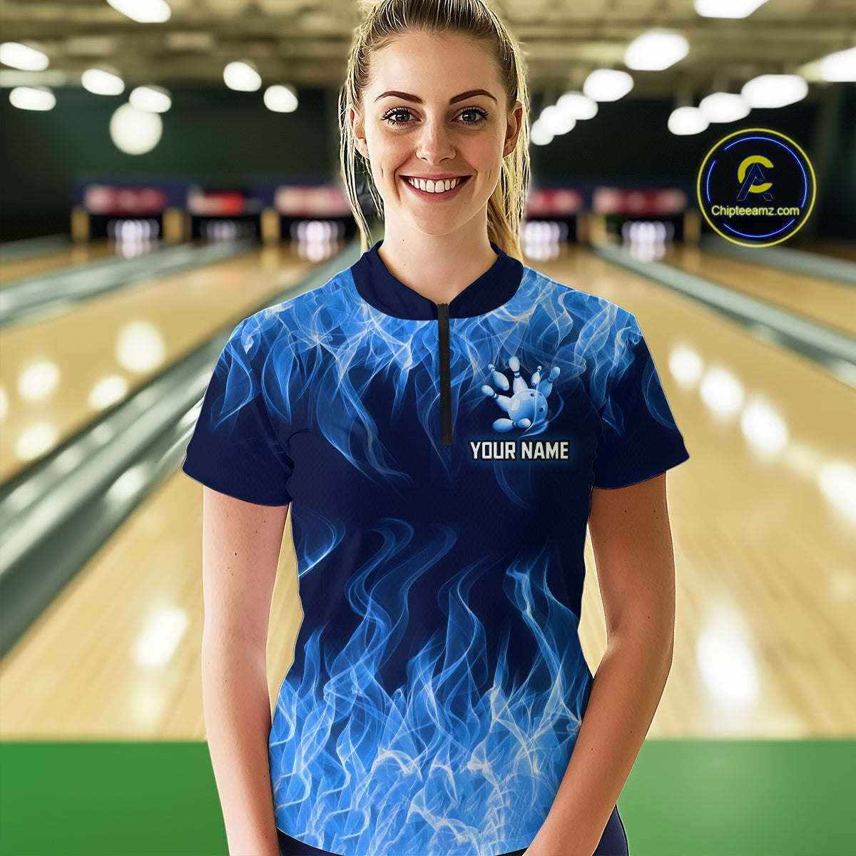 Custom Blue Flame Bowling Jersey for Women Polo & 1/4 Zip Bowling Team Shirts Bowling League HNT150