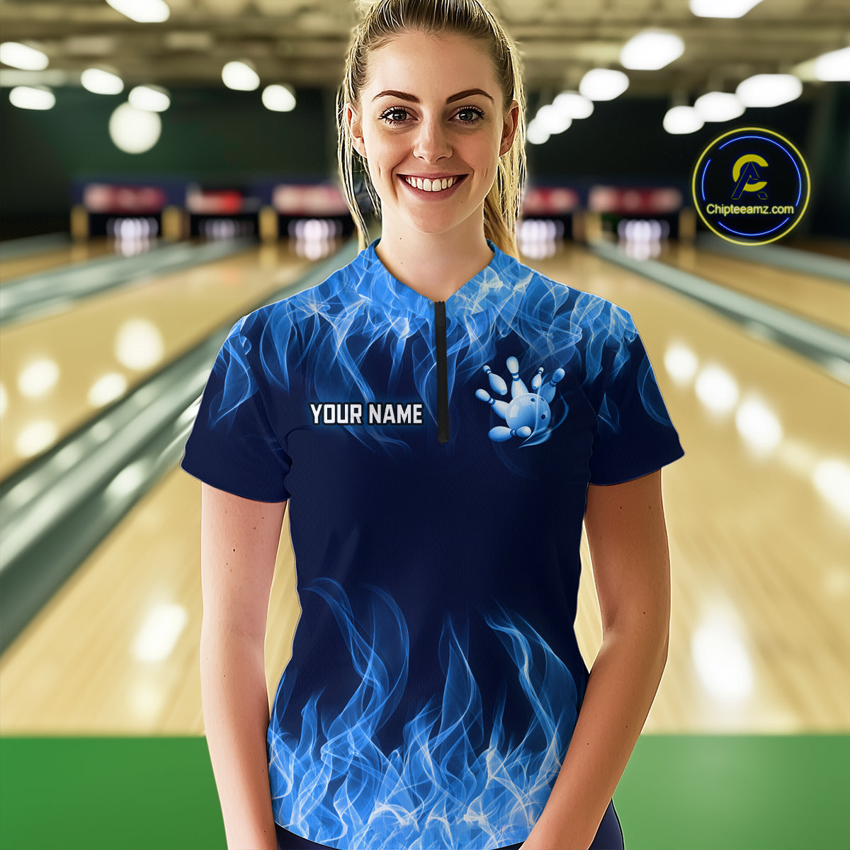 Custom Blue Flame Bowling Jersey for Women Bowling Uniform Polo & 1/4 Zip Bowling Team Shirts HNT106