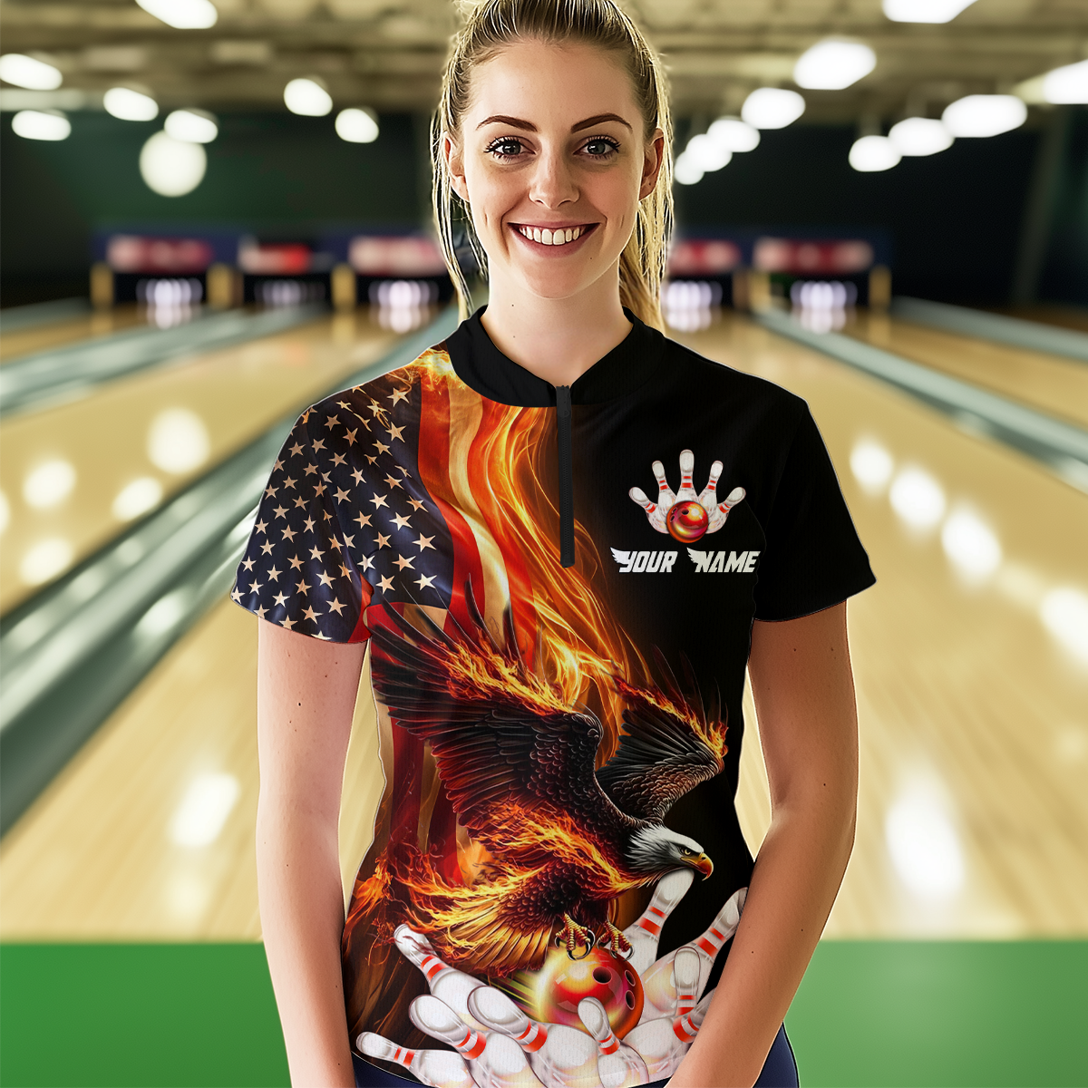 Personalized Flaming US Flag Eagle Bowling Shirt Bowling Jersey for Women Team Polo & 1/4 Zip HNT38