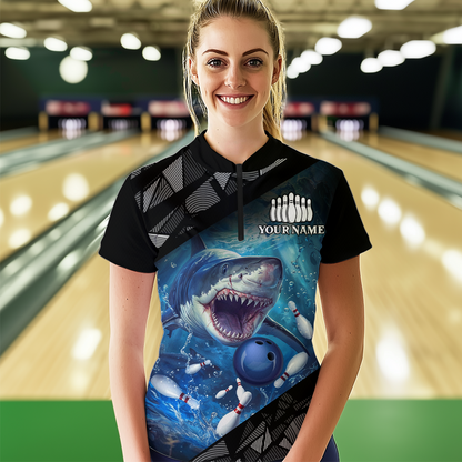 Custom Shark Bowling League Shirts For Women, Personalized Bowling Team Jerseys Polo & Quarter-Zip HNT36