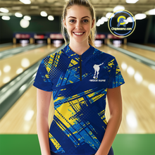 Load image into Gallery viewer, Custom Blue Yellow Bowling Jersey for Women Bowling Uniform Polo &amp; 1/4 Zip Bowling Team Shirts HNT122