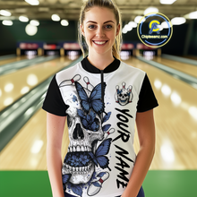 Load image into Gallery viewer, Blue Butterfly Skull Bowling Women Bowling Shirt Polo &amp; Quarter-Zip Bowling Team Jerseys HNT80