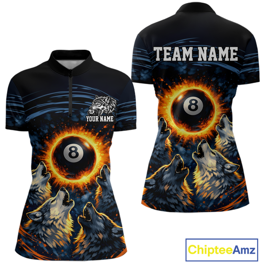Personalized Funny Wolf 8 Ball Pool Women Billiard Polo & 1/4 Zip, Billiard Shirt, Billiard Team Jerseys NNT144